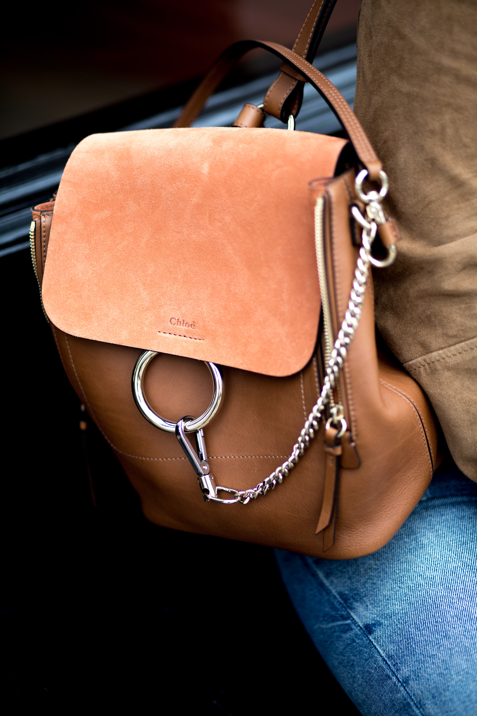 mediamarmalade | chloe faye backpack | whistles suede jacket | gucci princetown loafers