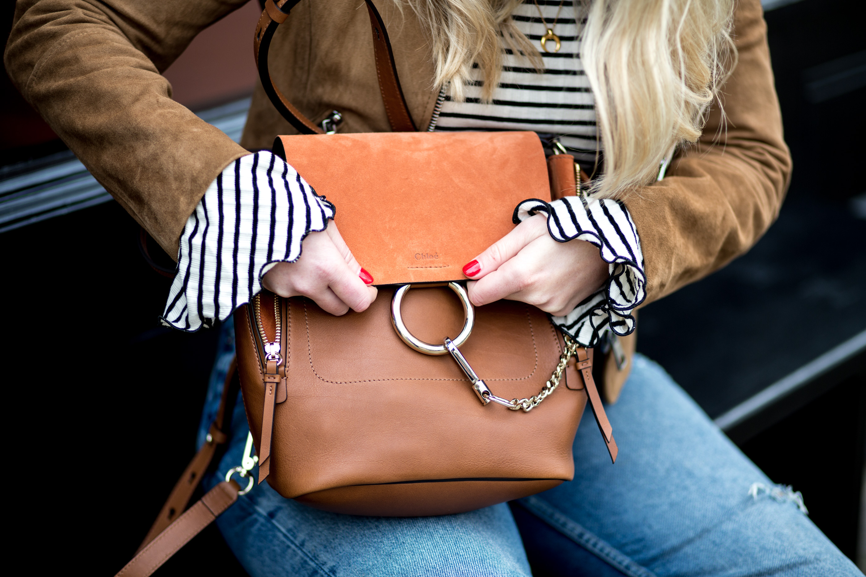 mediamarmalade | chloe faye backpack | whistles suede jacket | gucci princetown loafers