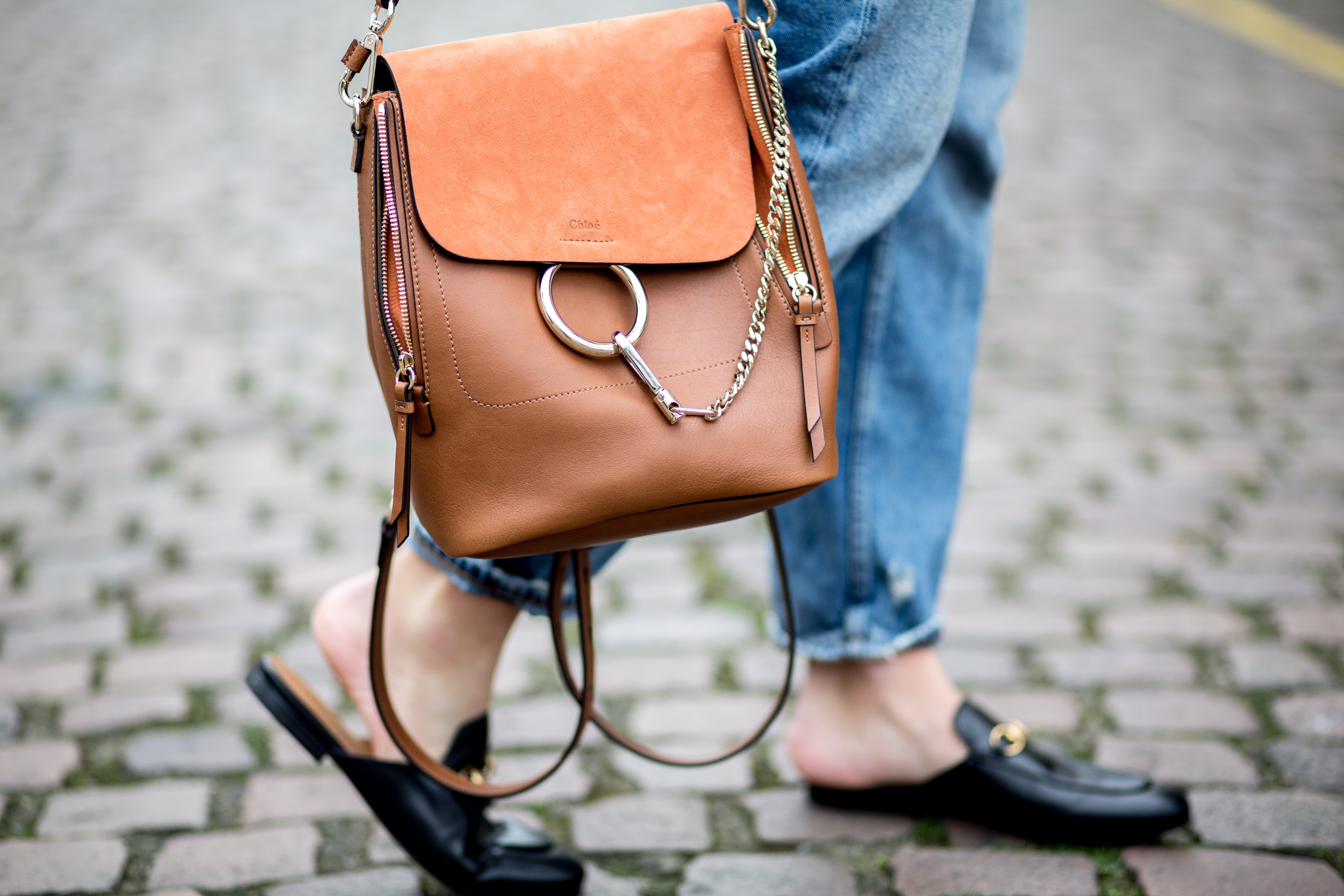 mediamarmalade | chloe faye backpack | whistles suede jacket | gucci princetown loafers